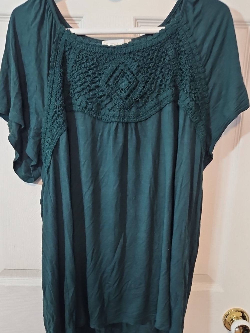 Suzanne Betro Teal Crochet Yoke Short Sleeve Top